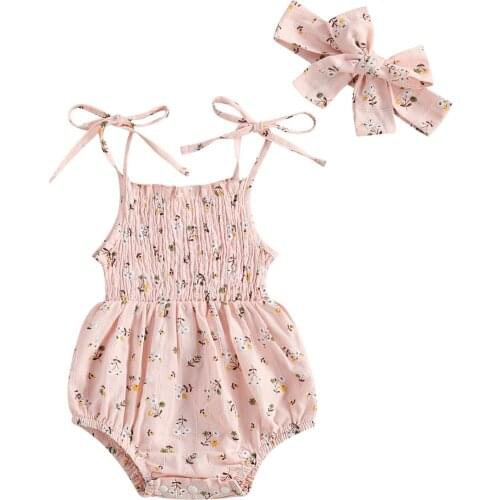 Newborn Baby Romper with Headband Sweet Girls Floral Print Sleeveless Bandage Strap Bodysuit+ Hair Band for Kids 0-24 Months