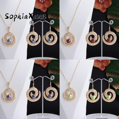 SophiaXuan New Design Hawaiian Earing Jewelry Sets Trendy Pendants Green Pearl Round Earrings Necklaces Set Wholesale for Women