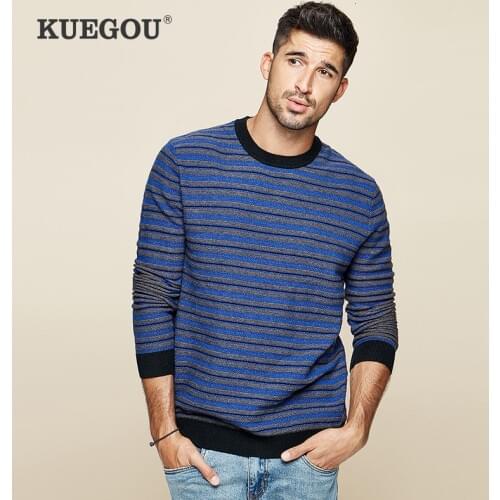 KUEGOU 2020 Autumn Striped Blue Spliced Sweater Men Pullover Casual Jumper For Male Brand Knitted Korean Style Clothes 12525