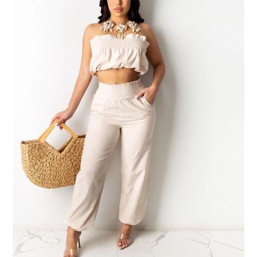 Summer Solid Sexy 2 Piece Sets Top Women Sleeveless Camisole Backless Strap Top Shirring Wide Leg Pants Suits Bandage Trousers