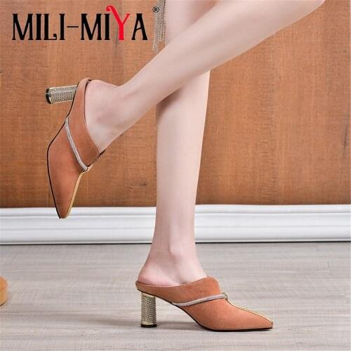 MILI-MIYA Newest Design Round High Heels Mules Women Brief Elegant Crystal Chain Decoration Outside Slippers Party Chic Shoes