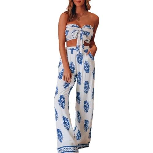 Xingqing Fashion Ladies Summer Outfit Two-Piece Off Shoulder Bandeau Top + Long Pants with Pocket Bohemain Style Women Clothing