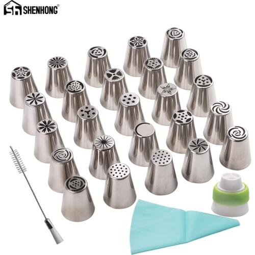 SHENHONG 28PCS Russian Icing Piping Tips Set 1 Pcs Silicone Bag Coupler Adapter Tulip Nozzles Cupcake Cake Decorating Dessert