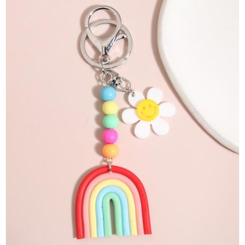New Colorful Ceramic Clay Rainbow Keychain Sweet Smile Flower Beads Key Ring For Women Girl Maiden Summer Gifts Handmade Jewelry