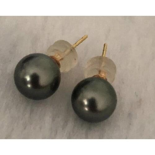 Charming 9-10mm Tahitian round black green pearl earring 18k
