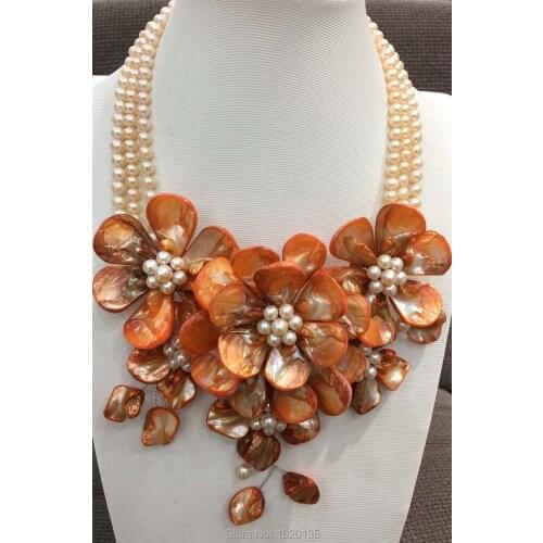3rows white freshwater pearl and orange shell flower necklace 18inch FPPJ