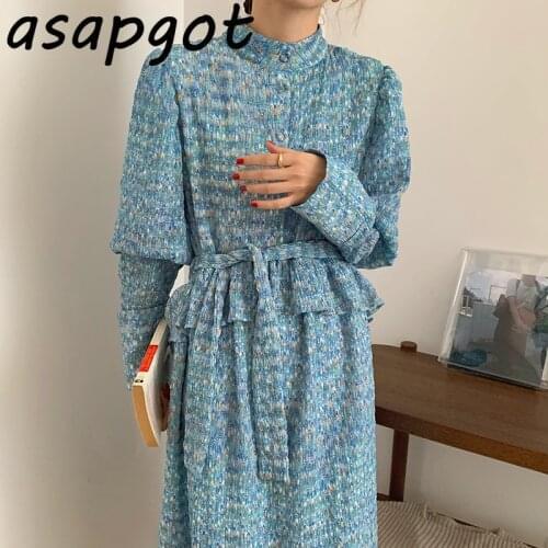Chic Korean Autumn Temperament A Line Long Puff Sleeve Rainbow Floral Single Breasted Blue Stand Dress Ruffles Lace Up Waist