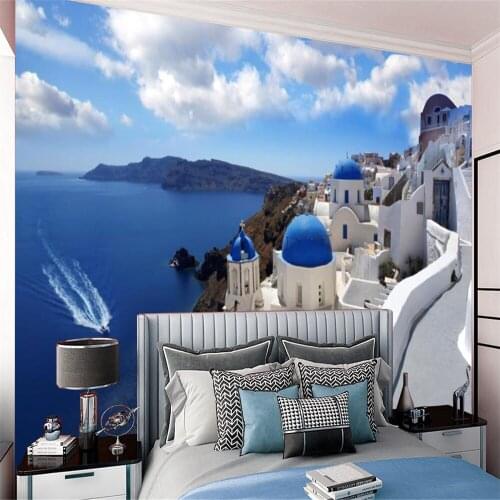 Custom 3d Landscape Wallcovering Blue Seaside White Castle Beautiful Scenery Interior Home Decor Painting Mural Wallpapers