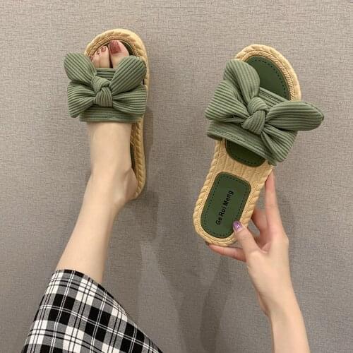 2021 Summer Sandals Women Non-slip Flip Flops Linen Striped Bow Beach Shoes Summer Fashion Indoor Outdoor Female Slipper