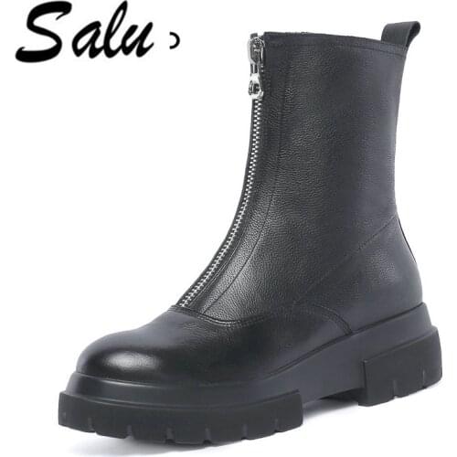 Salu New Full Grain Leather Short Boots wedges Heel Black Warm Winter Female Leather Boot Fashion Ankle Shoes