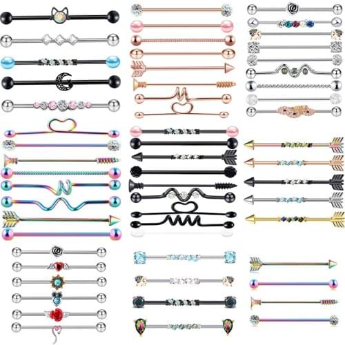 5-10pcs/set 14G Surgical Steel Industrial Barbell for Women Men Cartilage Earring Body Piercing Jewelry 1 1/2 Inch 38mm Bar Ear