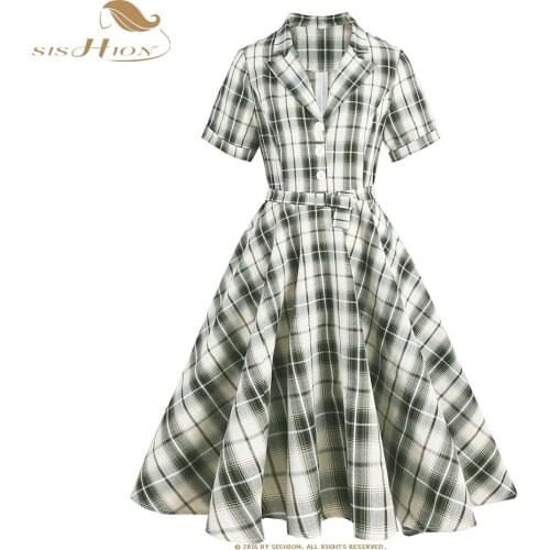 SISHION Hepburn Retro Short Sleeve Large Swing Summer Dress VD1996 50s 60s British Women Green Blue Vintage Dresses Robe Femme