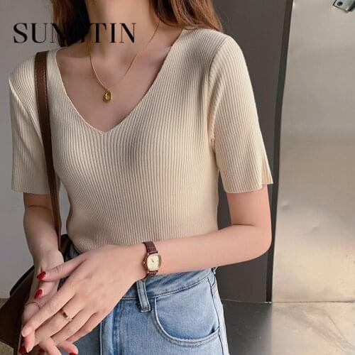 Sungtin 2021 Basic Short Women New Female V Neck Thin Korean Chic Slim Solid T Shirts Hot Minimalist Gentle Short Sleeves Tops