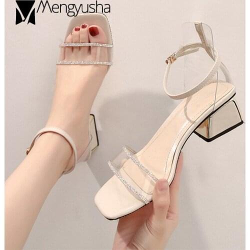 Party Crystal clear band transparent cover heels women sandals open toe thick med heel shoes woman gladiator sandalias femme2020