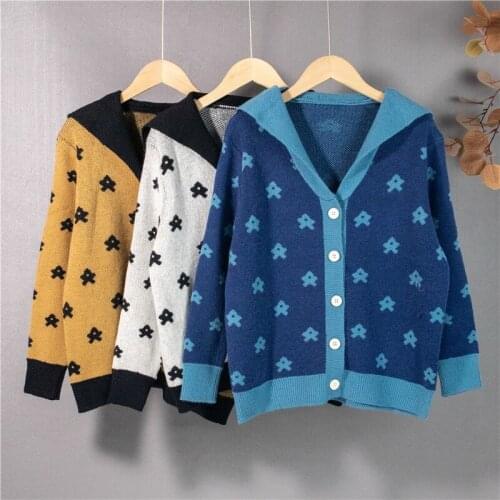 Vintage Navy Collar Floral Cardigan Sweater Women Coat 2021 Autumn Winter New Korean Fashion Loose Knitted Button Up Jacket Tops