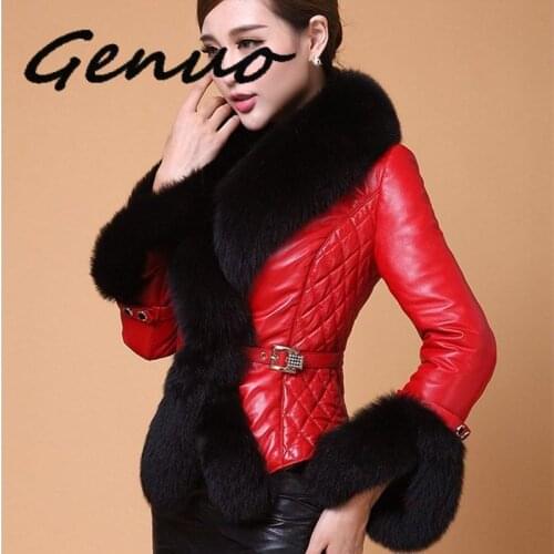 Genuo 2020 Winter New Slim Faux Fox Fur Pu Leather Short Coat V Neck Warm Thick Leather Jacket