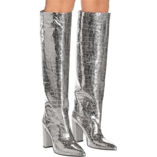 NEW Knee-high Tall Canister Sexy Women Long Boots Concise Pointed Toe Chunky Heel Crocodile Print Women Boots High-Heeled Boots