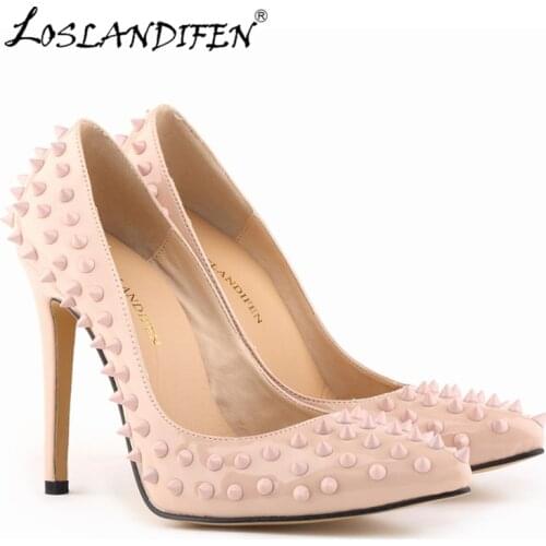 LOSLANDIFEN Rivets Women Pumps Fashion Pointed Toe Thin Heels Leather Party Shoes For High Lady