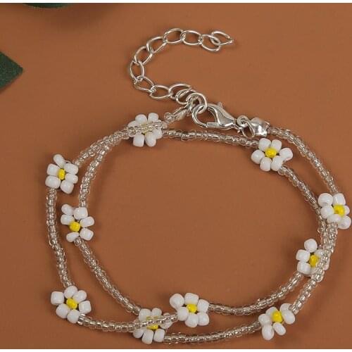 Korean Style Ladies Fashion Handmade Beaded Double Layer White Flower Bracelets For Women Silver Color Glass Beads Bracelet Gift