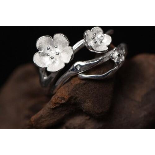 Authentic 925 Sterling Silver Plum Flower Open Rings For Women Prevent Allergy Handmade Exquisite jewelry Ring