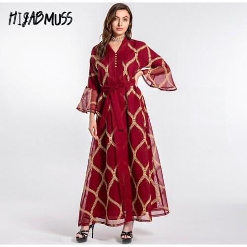 Middle Eastern Muslim Womens Arab Embroidery Abaya Dubai Temperament Mesh Dress Islamic Clothing Women Moroccan Party Dresses