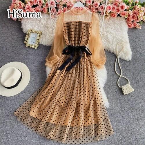 2021 summer new women o-neck lantern sleeve lace-up waist dot gauze A-line dress female Chic elegant mesh party dresses