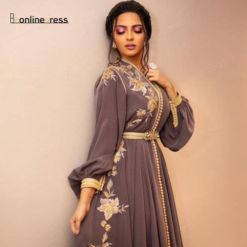 Bbonlinedress Moroccan Caftan Evening Dresses Embroidery Appliques Long Evening Dress Sleeve Arabic Muslim Party-Dress Plus Size