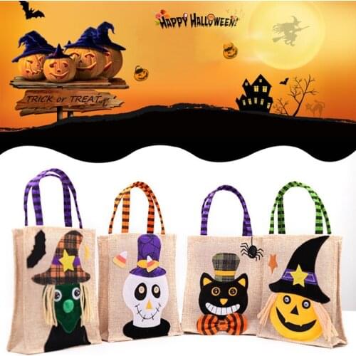 Halloween Candy Bags Lovely Cartoon Pumpkin Witch Cat Ghost Pattern Kid Gift Linen Bag All Saints' Day Sweet Decoration Supplies
