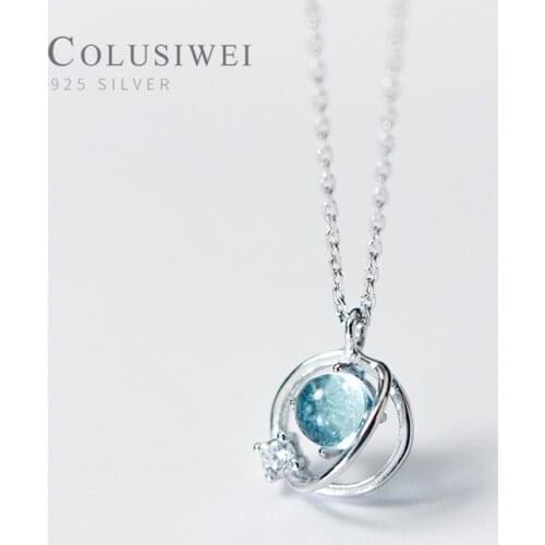 Colusiwei Sparkling Blue Planet Pendant Necklace for Women 925 Sterling Silver Natural Crystal Chain Necklace Korean Jewelry
