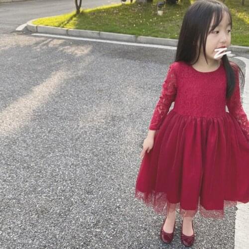 Kids Dresses for Girls Christmas Clothes Long-sleeve Lace Party Costume Red Children Elegant Prom Dress DT270