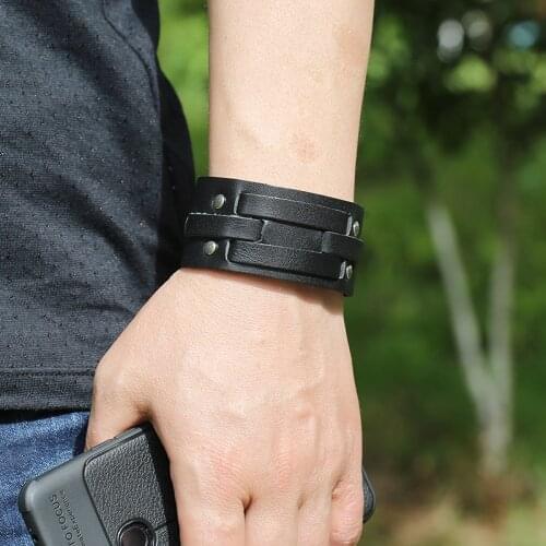 Fashion Cuff Black Mens Leather Bracelets Vintage Punk Wide Wrap Braided Bracelets&Bangles Women Wristband