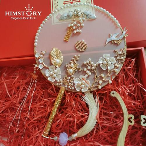 HIMSTORY Exquisite Chinese Silk Fan Embroidery Dance Fans Wedding Flower Buquet Fans Chinese style
