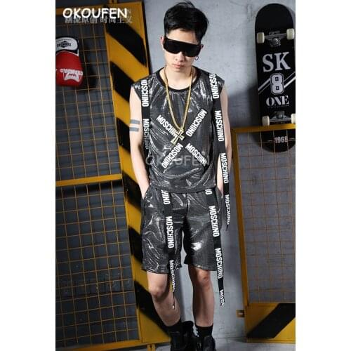Personality Mens Silver silk Textured letter print Vest Set Nightclub Bar Singer DJ Hip Hop dance show Costume
