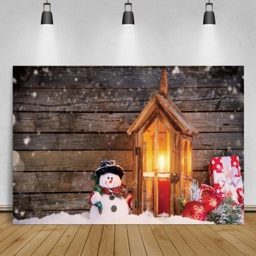 Laeacco Wooden Boards Winter Snowman Vintage Lantern Christmas Background Banner Child Photography Backdrop Toy Pet Photo Studio