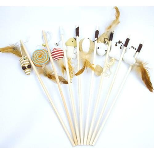 Cartoon Pet Cat Teaser Toys Feather Wood Rod Mouse Toy With Mini Bell Cat Catcher Teaser Wooden Stick Cat Interactive Toys