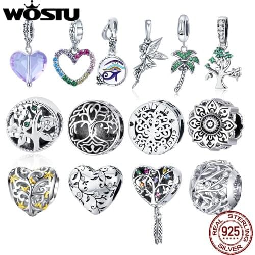 WOSTU Authentic 925 Sterling Silver Life Tree Heart Beads Charms Pendant Fit Bracelets Women Party DIY Fine Jewelry Gift Making
