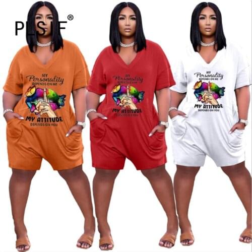 Casual Short Sleeve Lip Print Jumpsuit Pocket Summer Bodycon Playsuits Casual Rompers One Piece Overalls