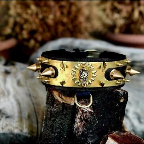 Adjustable Gold Copper Engraved Leather Studded Dog Collar with Spikes for Dogs