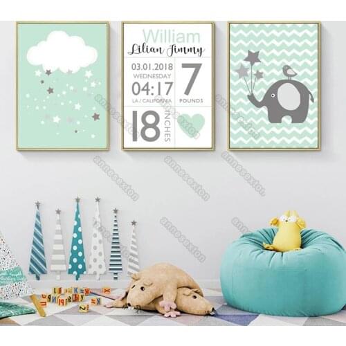 Modern Style Canvas Painting Poster Cartoon Pictures Elephant and Bird Cloud Little Stars Calendar for Nursery Rooms Wall Decora