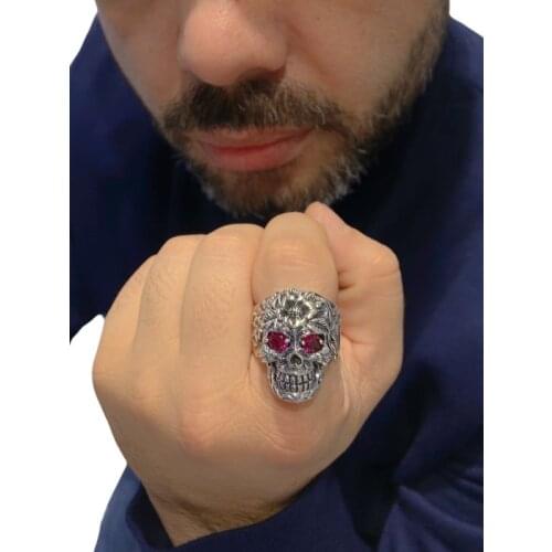 Special Design Pirate Dry Head Ruby Stone Skeleton 925 Sterling Silver Ring