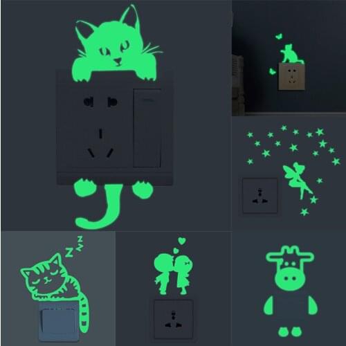 Luminous Cartoon Cat Wall Sticker Glow in the Dark Cat Sticker Switch Cover Light Switch Home Room Decor Decal Cartoon Stickers