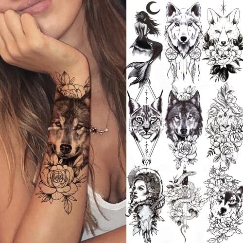 Coyote Cat Lion Mermaid Temporary Tattoos For Men Kids Women Black Moon Snake Sword Tattoos Sticker Fake Line Art Tatoo Adults