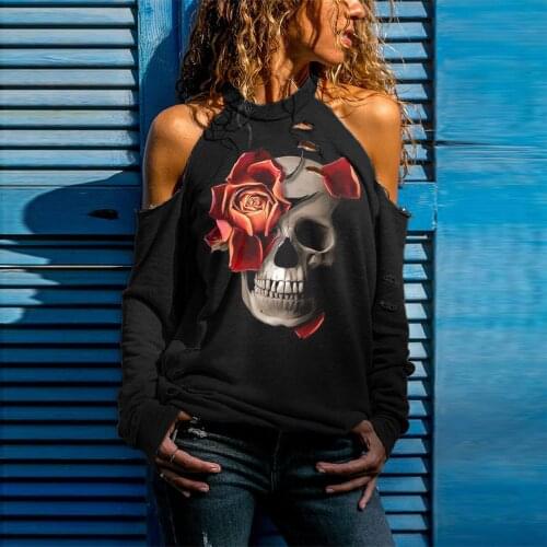 Women Skull Print Halloween Blouse Sexy Off Shoulder Hollow Out Shirt Long Sleeve Autumn Casual Blouse Рубашка Женская