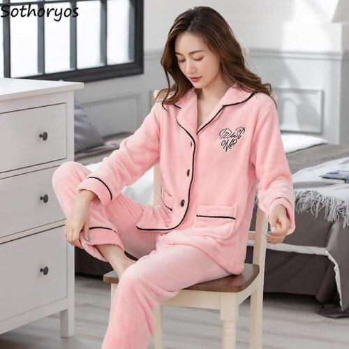 Women Winter Pajama Sets Letter Single Breasted Tops Ankle Length Pants Flannel Warm Cozy Home-wear Thicker Females Lounge Chic