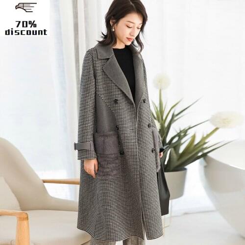 2020 New Korean Style Women Wool Coat Long Autumn Winter Jackets Natural Mink Fur Pockets Plaid Woolens Overcoat