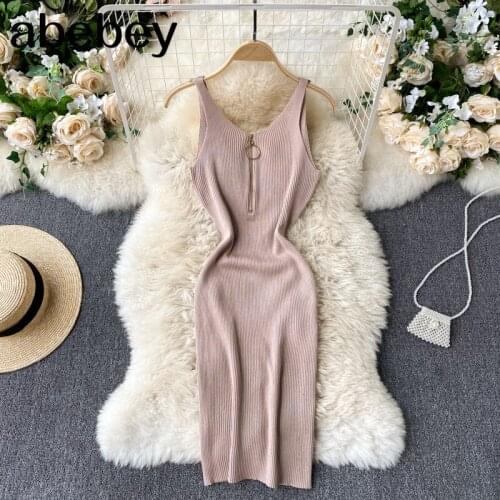 Women Knitted Strap Dress Design Zipper V Neck Sleeveless Slim Pencil Dress Summer Korean Sexy Off Shoulder Short Dress