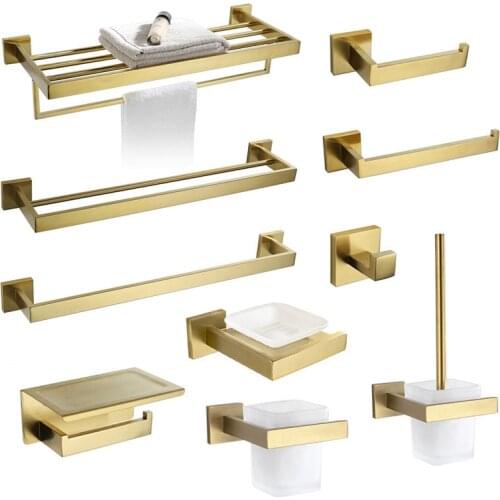 Gold Brushed Towel Bar Rail Toilet Paper Holder Towel Rack Hook Soap Dish Toilet Brush Bathroom Accessories Hardware Set
