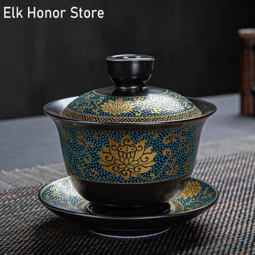180ml Ancient Black Glaze Ceramic Tea Tureen Handmade Outline In Gold Pottery Gaiwan Tea Maker Pu'er Teaware Office Decoration