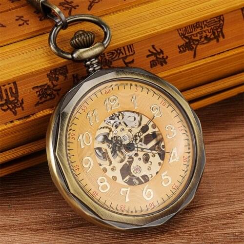 Arabic Numerals Display Open Face Mechanical Hand Winding Pocket Watch Transparent Skeleton Pendant Retro Manual Clock Gifts
