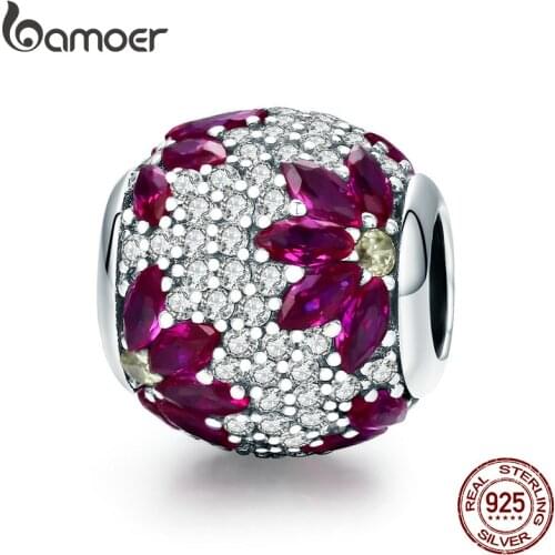 BAMOER Spring Collection 925 Sterling Silver Maple Leaves Clear CZ Beads fit Charm Bracelet & Necklaces DIY Jewelry SCC570